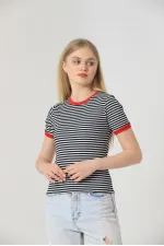 T-shirt Topshow rayé noir et rouge en gros