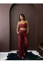Topshow - Wholesale Sequined Wide Leg Women's Trousers - Elegant Night Outfit - Burgundy