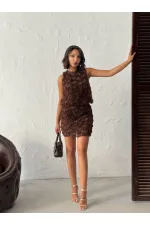 Topshow - Toptan Gül Desenli Tül Etek - Kahve