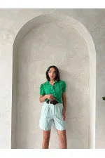 Topshow Çağla Çizgili Kemerli Keten Toptan Şort