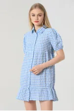 Chemise bleue Topshow en gros, col boutonné, robe en gros
