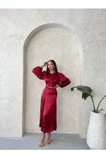 Kraşlı Saten Önden Bağlamalı Toptan Bluz - Bordo | Topshow | F1916