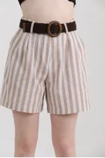 Topshow Stone Striped Belted Linen Wholesale Shorts