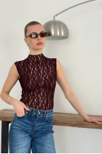 Sıfır Kol Dantel Bluz - Bordo | Topshow