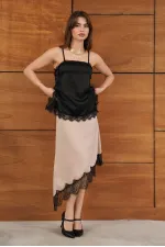 D 2951 LACE ASYMMETRICAL SKIRT - STONE