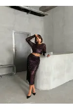 Tüy Pullu Toptan Etek - Siyah Bordo | TOPSHOW | F1621