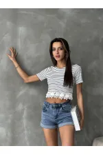 Topshow Cream Guipure Detailed Striped Wholesale T-Shirt