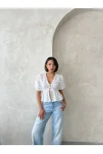 Front-Tie Embroidered Voile Blouse - Cream Topshow