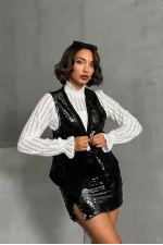 Pullu Toptan Yelek - Siyah Gümüş | TOPSHOW | F1750