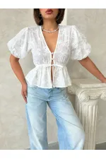 Front-Tie Embroidered Voile Blouse - Cream Topshow