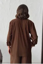 Topshow - Wholesale Embroidered Corduroy Shirt with Pocket - Brown