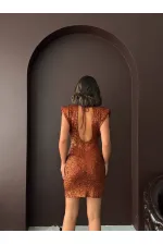 Topshow Sparkling Sequin Embroidered, Backless, Mini Evening Dress - COFFEE