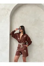 Kemer Detaylı Nakışlı Keten Şort - Kahve | Topshow