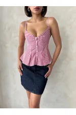 Çizgili Askılı Bluz - Bordo | Topshow