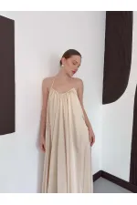 D 3022 DANTEL DETAYLI SATEN ELBİSE - TAŞ