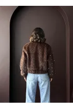 Topshow - Veste bomber en fausse fourrure (vente en gros) - Détails perles - Marron