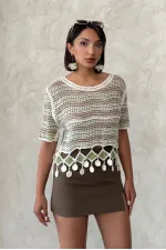 Topshow Emerald Mesh Bottom Pompom Wholesale Blouse