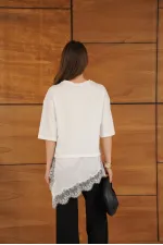 D 2942 ASYMMETRICAL T-SHIRT WITH LACE AND SATIN DETAILS - CREAM
