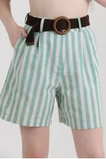 Short en lin à rayures émeraude Topshow avec ceinture, en gros
