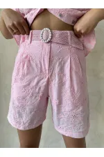 Nakışlı Vual Şort - Pembe Topshow