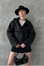 Manteau noir à col en fourrure nubuck (vente en gros) | TOPSHOW | F1553