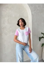 Denim Detailed Wholesale T-Shirt - Cream Pink | Topshow