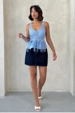 Dantel Detaylı Askılı Toptan Bluz- Mavi | Topshow