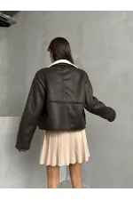 Manteau en nubuck à col en fourrure (vente en gros) - Crème anthracite | TOPSHOW | F1553