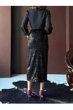 Jupe longue en velours à paillettes F 2053 - Noir