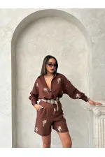 Kemer Detaylı Nakışlı Keten Şort - Kahve | Topshow