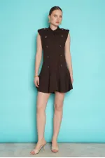 Sleeveless Mini Wholesale Dress with Shoulder Epaulets - Brown | D2974 - Topshow