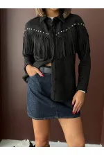 Chemise Topshow à franges en daim scuba - Noir | F2029