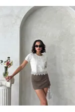 Nakışlı Dantel Bluz - Ham | Topshow