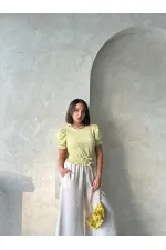 Topshow Fıstık Yeşili Beli Gipeli Pitikareli Toptan Bluz