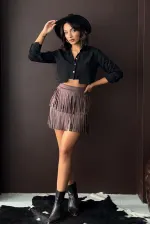 Topshow Tasseled Scuba Suede Skirt - Brown | F2030