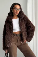 Women's Faux Fur Jacket – Zippered, Soft Textured Modern Winter Coat - DARK BROWN