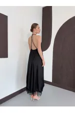 D 3022 DANTEL DETAYLI SATEN ELBİSE - SİYAH