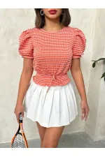 Blouse Topshow orange à carreaux imprimés taille haute, vente en gros