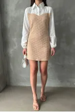 Knee-Length Wholesale Dress with Poplin Sleeves and Chest - Stone | TOPSHOW | F1139