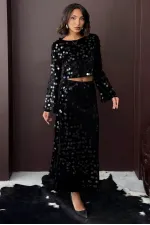 Topshow - Toptan Pullu Kadife Etek - Siyah Siyah