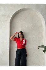 Chemise en lin rouge à fleurs Topshow en gros