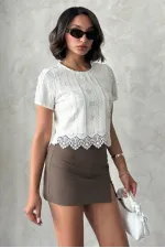 Nakışlı Dantel Bluz - Ham | Topshow