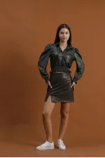 Faux Leather Evening Dress Wholesale Blouse - Khaki | TOPSHOW | F1170