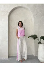 Kot Detaylı Dantel Pantolon - Pembe Topshow | F1759