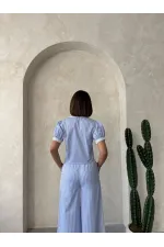 Güpür Detaylı Çizğili Bluz - Mavi | Topshow