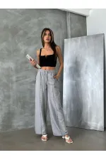 Pantalon droit en lin brodé - Gris | TOPSHOW | F1675