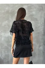 Topshow Siyah Simli Saçaklı Toptan Bluz