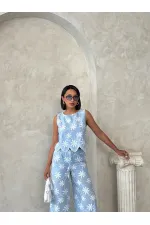 Nakışlı Kolsuz Toptan Bluz - Mavi | Topshow