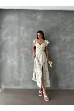 Topshow Emerald Pattern Ruffle Sleeve Tied Wholesale Dress