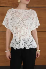 Waistband Embroidered Wholesale Blouse - Cream | D2966 - Topshow